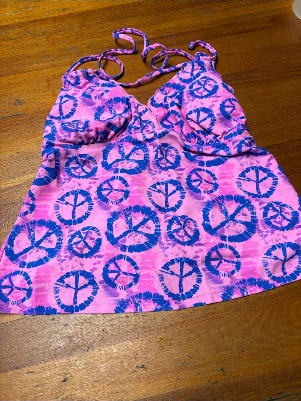 Jr size Teen Joe Boxer Pink and Blue Tie-Dye Peace Sign Tankini Top